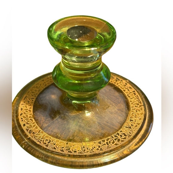 Antique Depression Glass Candle Stick Holders Set of 2 Green With Gold Scrolling - Picture 3 of 4